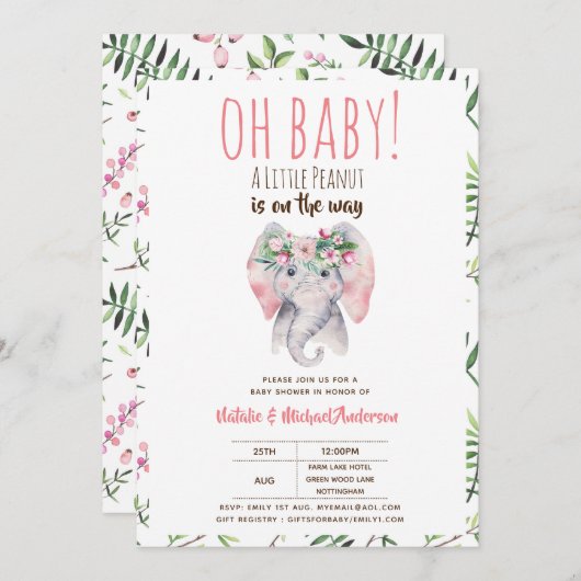 Einladung von Baby Elephant Dusche, Boho Floral (Vorne/Hinten)