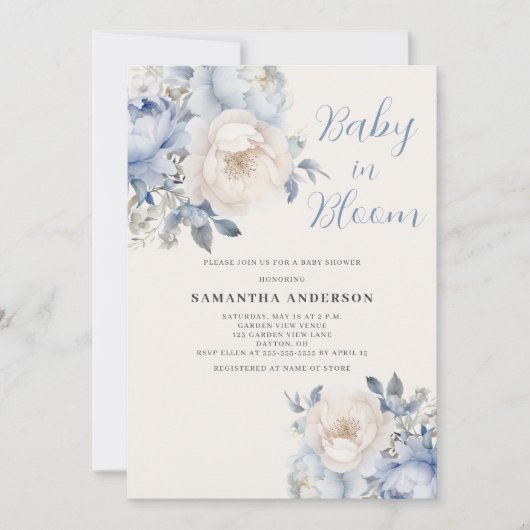 Einladung von Baby in Bloom Boy Blue Floral Shower (Vorderseite)