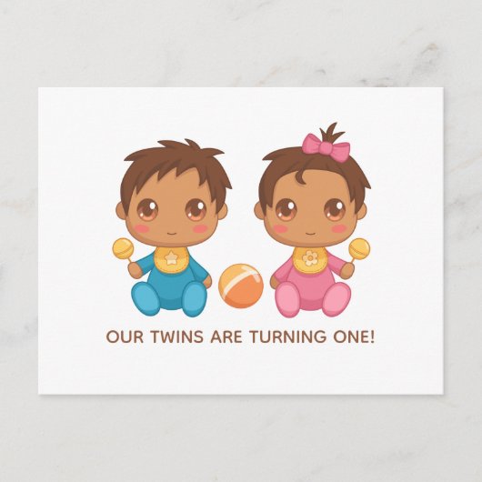 Einladung von Baby Twins zum ersten Geburtstag Postkarte (Vorderseite)