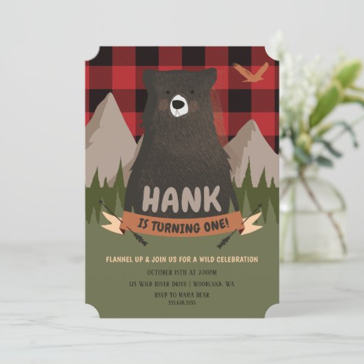 Einladung von Bär Birthday, kariert Lumberjack ein (Stehend Vorderseite)