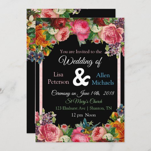 Einladung von Bird Floral Wedding Rose Burgund (Vorne/Hinten)