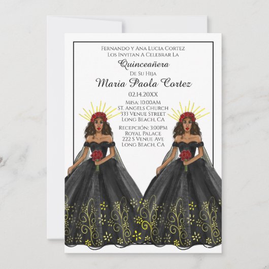 Einladung von Black and Gold Spanish Quinceanera (Vorderseite)