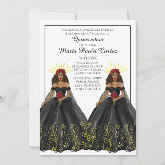 Einladung von Black and Gold Spanish Quinceanera