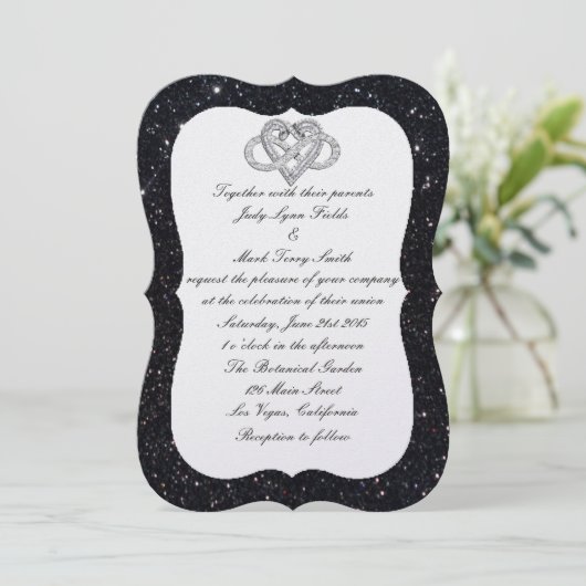 Einladung von Black Glitzer Infinity Heart Wedding (Stehend Vorderseite)