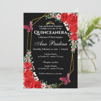 Einladung von Black Red Floral Quinceañera
