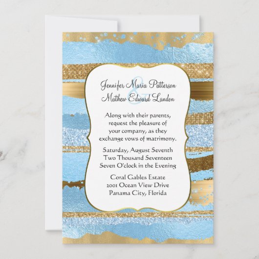 Einladung von Blue and Gold Glam Hochzeit (Vorderseite)