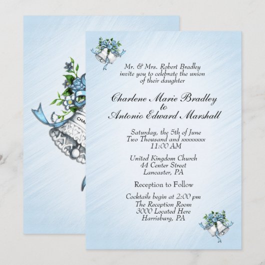 Einladung von Blue Wedding Bells (Vorne/Hinten)