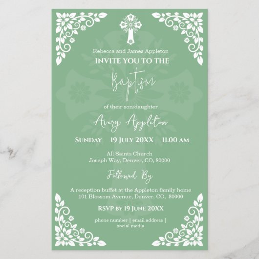 Einladung von Blumenkreuz Taufbecken Seite Grün (Vorne)