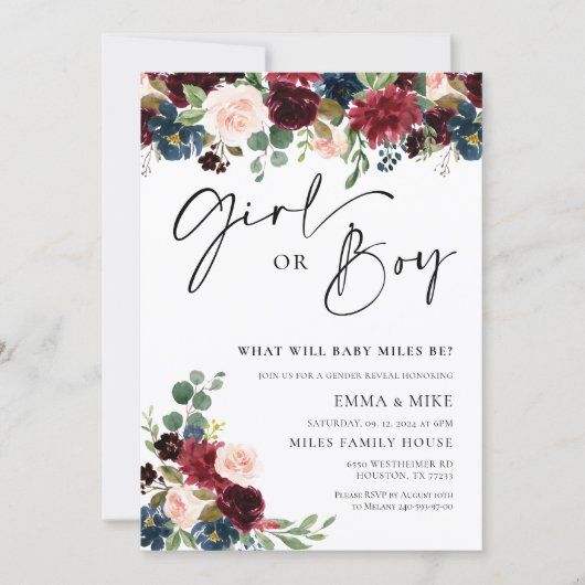 Einladung von Boho Burgundy Girl oder Boy Gender (Vorderseite)