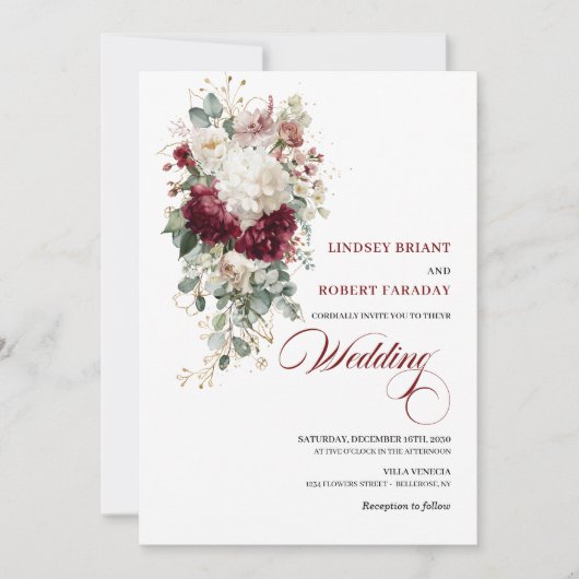 Einladung von Boho Burgundy und White Rose (Vorderseite)