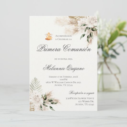 Einladung von Boho Erste Kommune in Spanisch (Stehend Vorderseite)