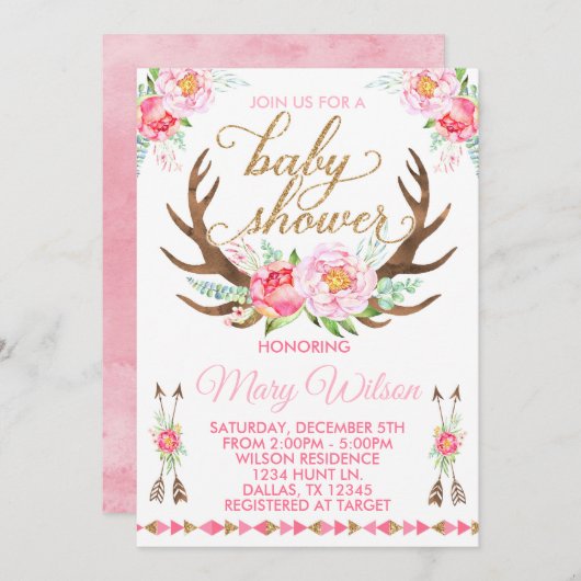 Einladung von Boho Floral Deer Antler Baby Shower (Vorne/Hinten)