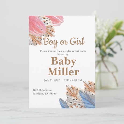 Einladung von Boho Gender Reveal Party Boy oder Gi (Stehend Vorderseite)