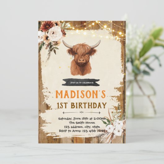Einladung von Boho Highland Kuh (Stehend Vorderseite)