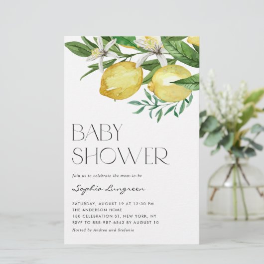 Einladung von Boho Lemon und Blooms Baby Shower (Stehend Vorderseite)