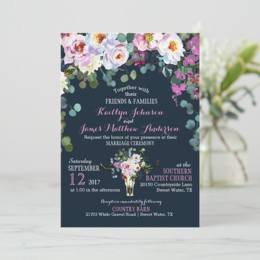 Einladung von Boho Longhorn Kuh Skull Floral Weddi (Stehend Vorderseite)