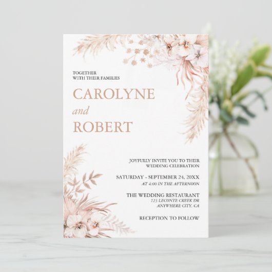 Einladung von Boho Pampas Grass Floral Wedding (Stehend Vorderseite)