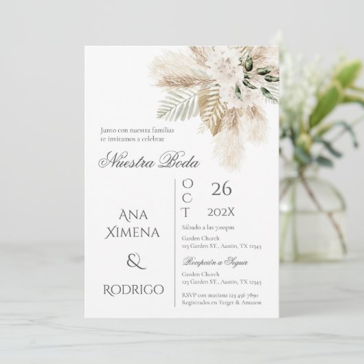 Einladung von Boho Pampas Grass Hochzeit (Stehend Vorderseite)