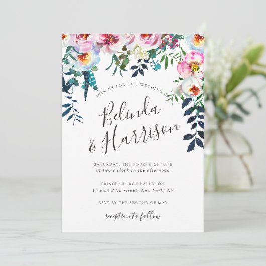 Einladung von Boho Peonies Hochzeit (Stehend Vorderseite)