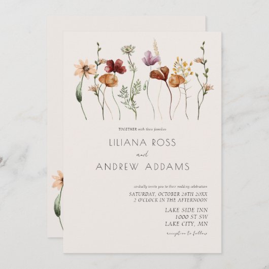 Einladung von Boho Simple Wildblume Hochzeit (Vorne/Hinten)