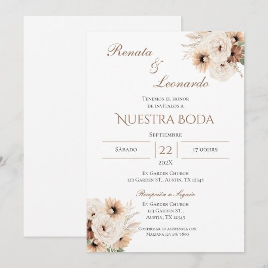 Einladung von Boho Spanish Hochzeit (Vorne/Hinten)