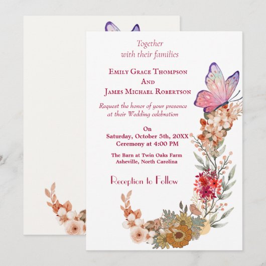 Einladung von Boho Wildblume Floral Wedding (Vorne/Hinten)