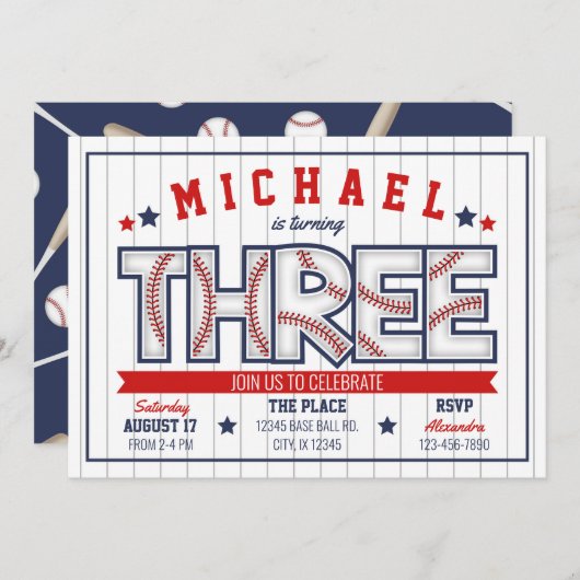 Einladung von Boy Baseball zum 3. Geburtstag (Vorne/Hinten)