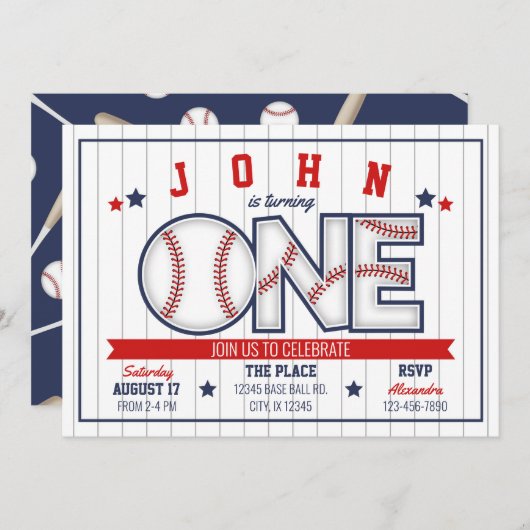 Einladung von Boy Baseball zum ersten Geburtstag (Vorne/Hinten)