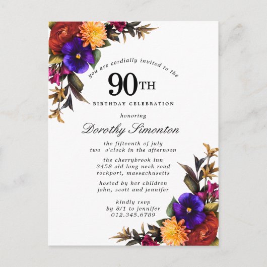 Einladung von Burgund Lila Yellow 90. Geburtstag (Vorderseite)