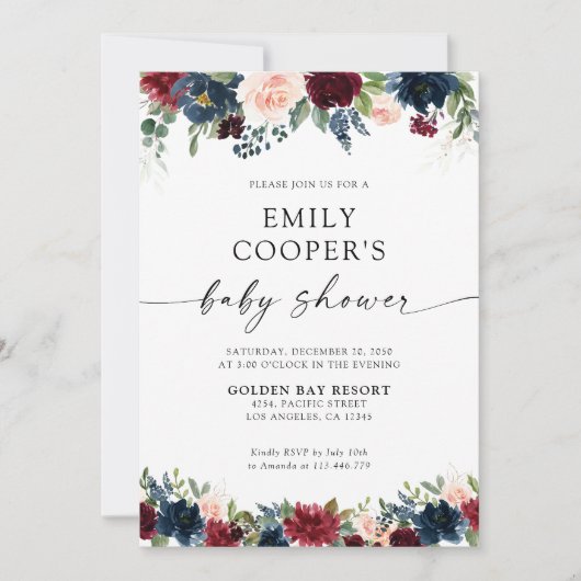 Einladung von Burgund und Navy-Baby-Dusche (Vorderseite)