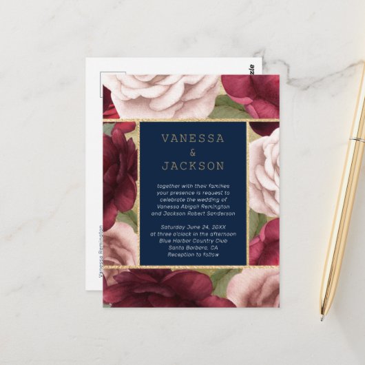 Einladung von Burgund und Navy Blue Wedding Postkarte (Vorderseite/Rückseite Beispiel)