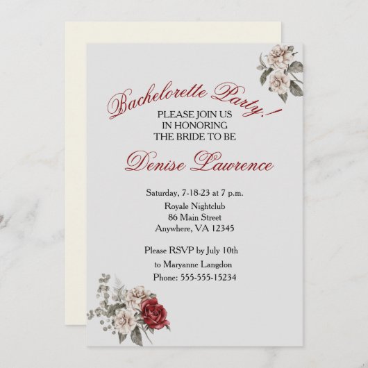 Einladung von Burgundy Blush White Junggeselinnen- (Vorne/Hinten)