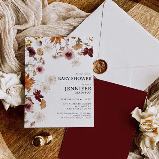 Einladung von Burgundy Boho Fall Floral Baby Showe