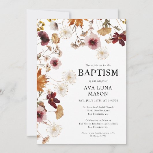 Einladung von Burgundy Boho Fall Floral Taufen (Vorderseite)