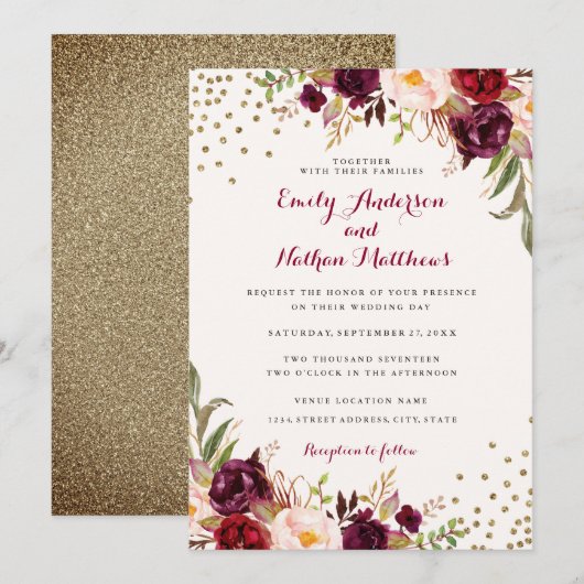 Einladung von Burgundy Confetti Floral Wedding (Vorne/Hinten)