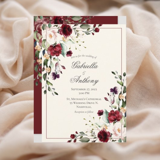 Einladung von Burgundy Eucalyptus Floral Wedding