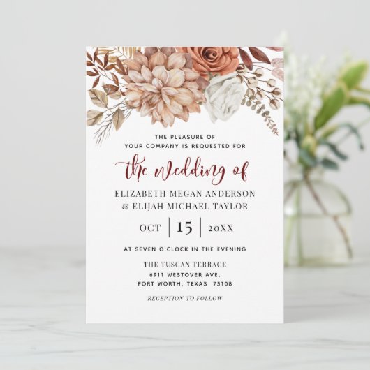 Einladung von Burgundy Fall Floral Wedding (Stehend Vorderseite)