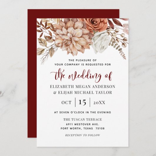 Einladung von Burgundy Fall Floral Wedding (Vorne/Hinten)