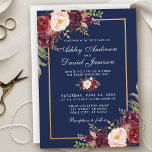Einladung von Burgundy Floral Blue Gold Hochzeit W<br><div class="desc">Elegante Burgundy Aquarell Blumenblauer und goldener Hochzeitsempfang - Weißer Text,  Blau-Rücken</div>