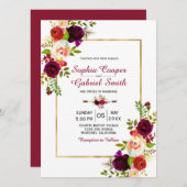 Einladung von Burgundy Floral Gold Frame Hochzeit (Vorne/Hinten)