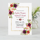 Einladung von Burgundy Floral Gold Frame Hochzeit (Stehend Vorderseite)