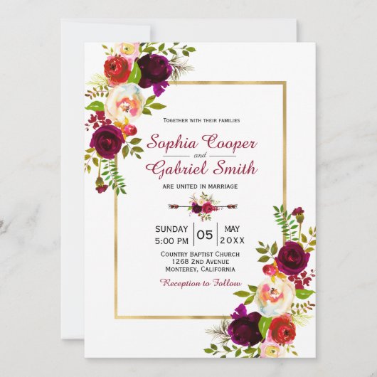Einladung von Burgundy Floral Gold Frame Hochzeit (Vorderseite)