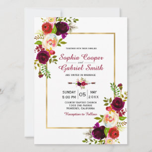 Einladung von Burgundy Floral Gold Frame Hochzeit