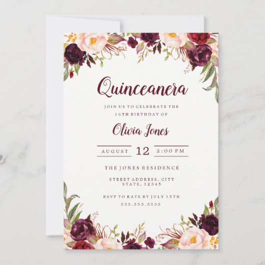 Einladung von Burgundy Floral Quinceanera (Vorderseite)