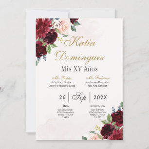 Einladung von Burgundy Floral Quinceanera
