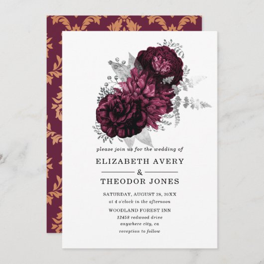 Einladung von Burgundy Floral Wedding (Vorne/Hinten)