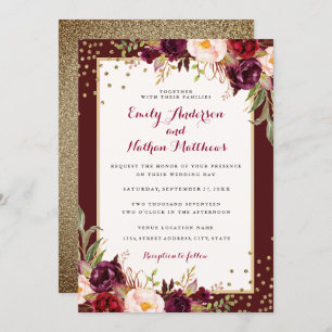 Einladung von Burgundy Gold Confetti Floral Weddin