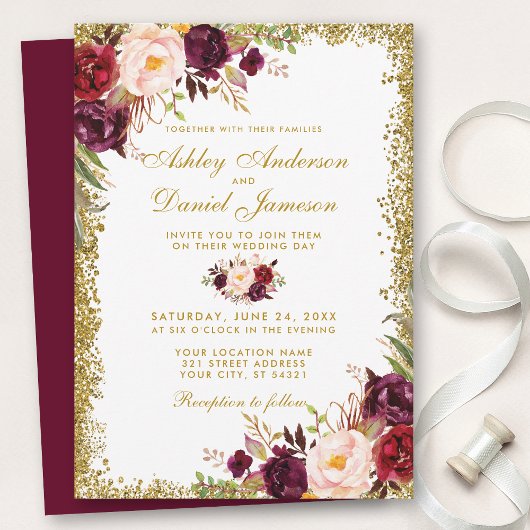 Einladung von Burgundy Gold Glitzer Floral Wedding
