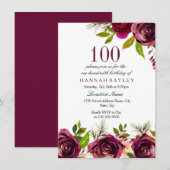 Einladung von Burgundy Marsala Floral zum 100. Geb (Vorne/Hinten)