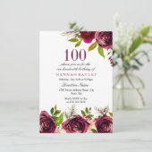 Einladung von Burgundy Marsala Floral zum 100. Geb (Stehend Vorderseite)